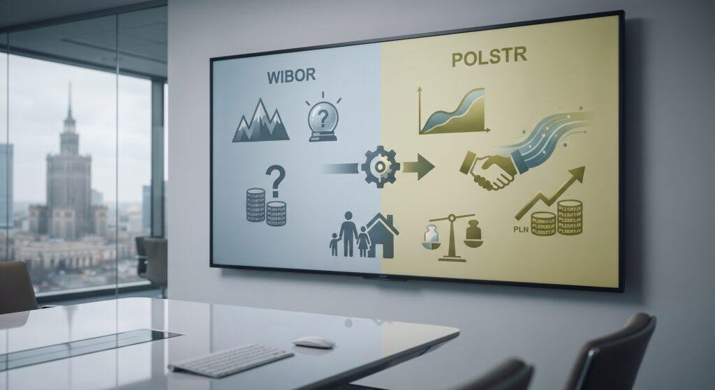 Porównawcza infografika finansowa na ekranie w sali konferencyjnej, zestawiająca symbole niestabilności rynku WIBOR z symbolami stabilności i wzrostu nowego wskaźnika POLSTR